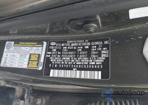 2012 Kia Sorento Lx из США, поврежденный, VIN 5XYKT3A68CG306463